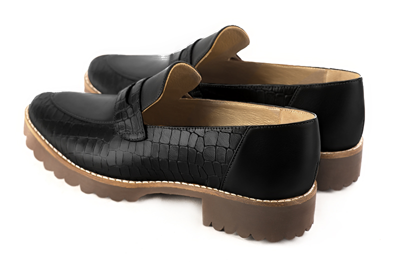Satin black women's casual loafers. Round toe. Flat rubber soles. Rear view - Florence KOOIJMAN